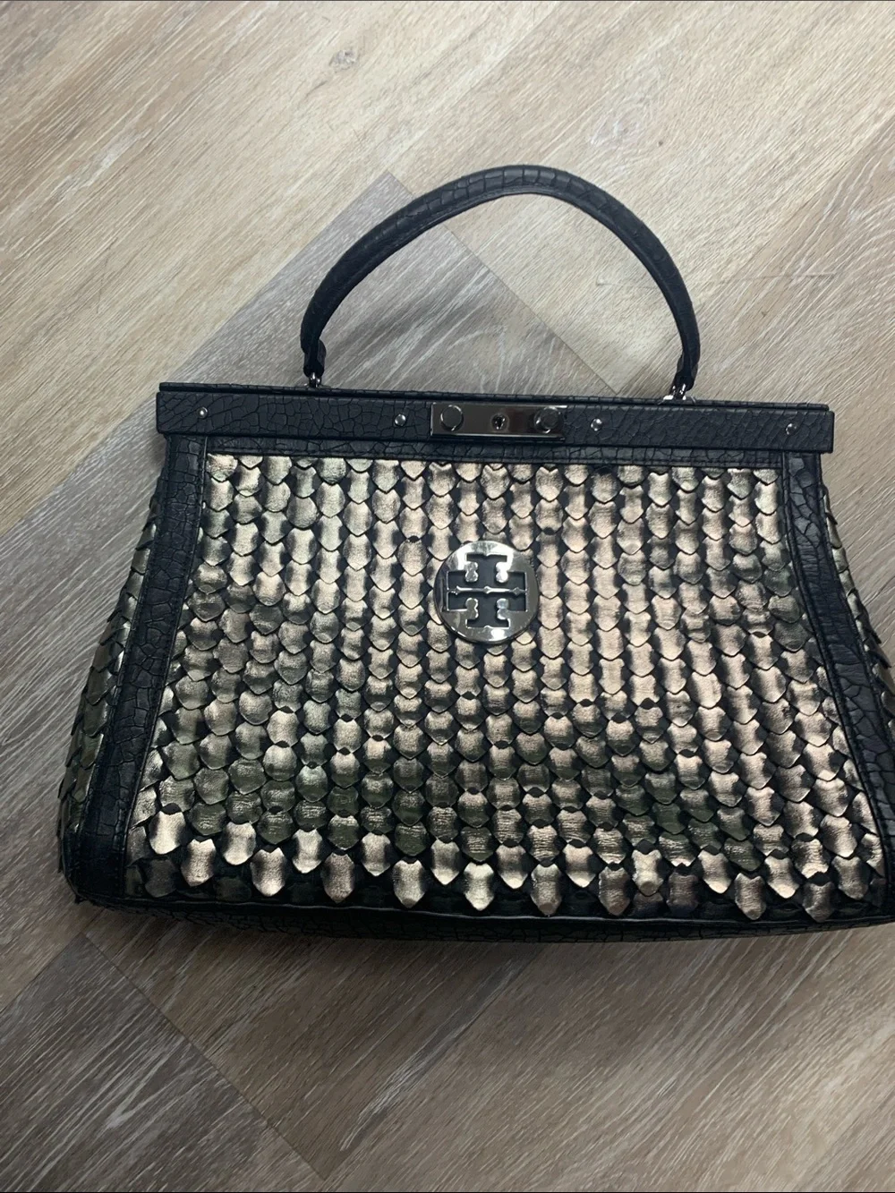 Tory Burch Gold Metallic Scaled Top-Handle Satchel with Black Trim